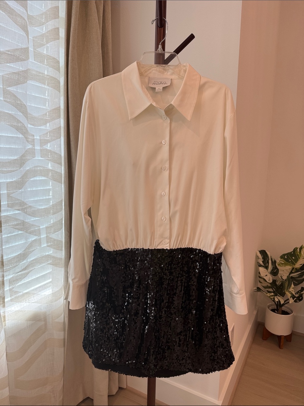 White Button-Down Top with Black Sequin Mini Skirt